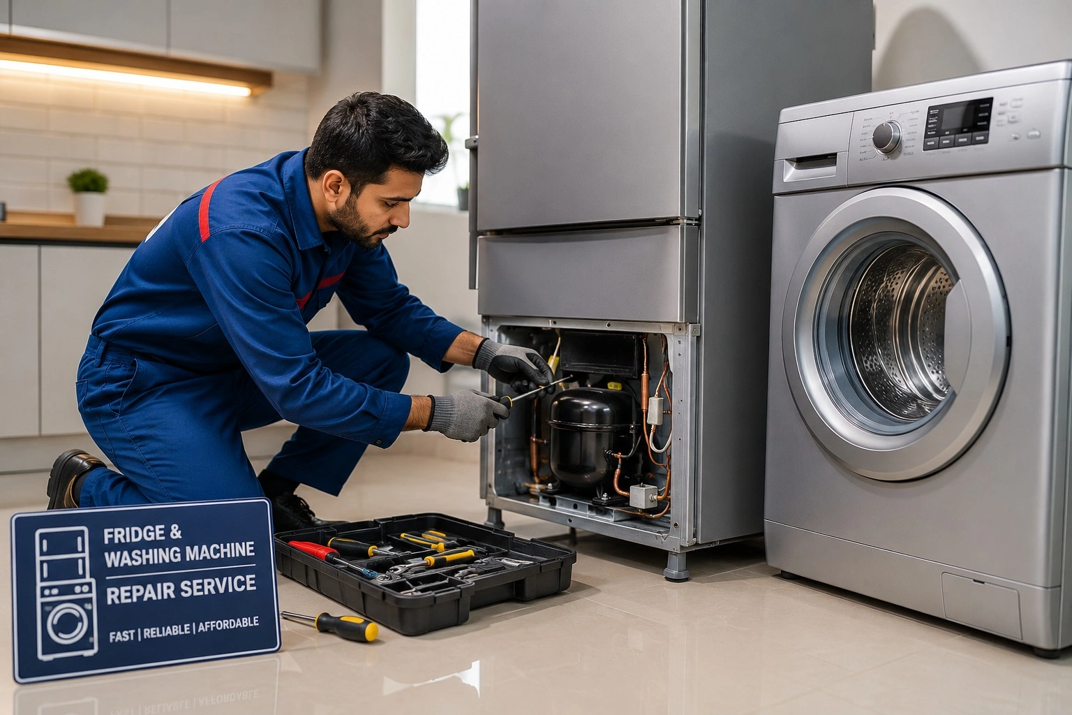 Modern refrigerator and appliances ready for doorstep repair